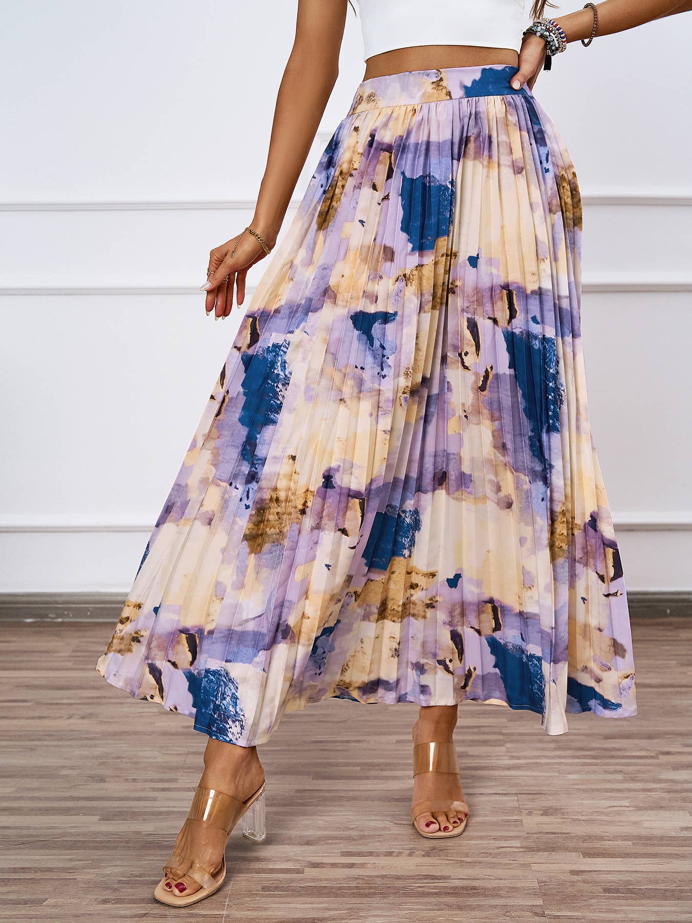 HIGH SENSE OIL PAINTING PRINTED PLEATED SKIRT