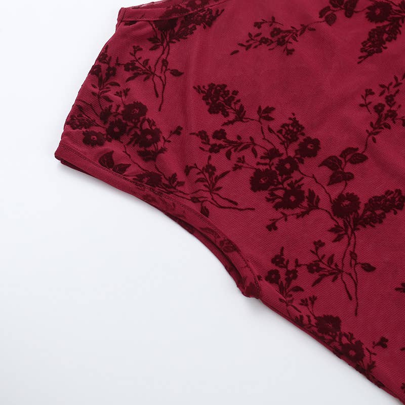 Sheer Mesh Vintage Print Sexy Top Short Sleeve