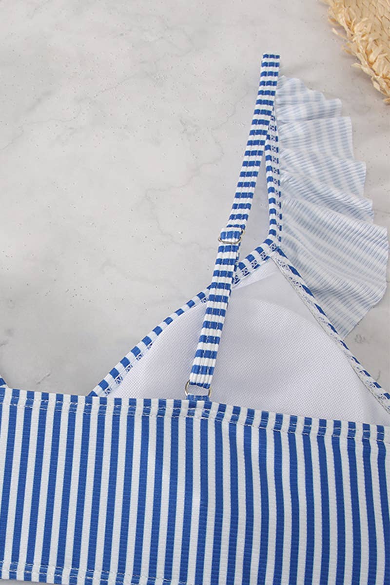 CWMW0794_STRIPED HIGH WAISTED V-NECK RUFFLED SWIMSUIT