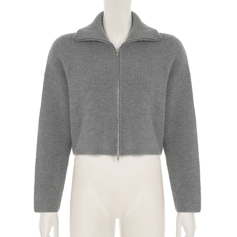 SOLID COLOR LAPEL DOUBLE ZIP LAPEL SWEATER COAT