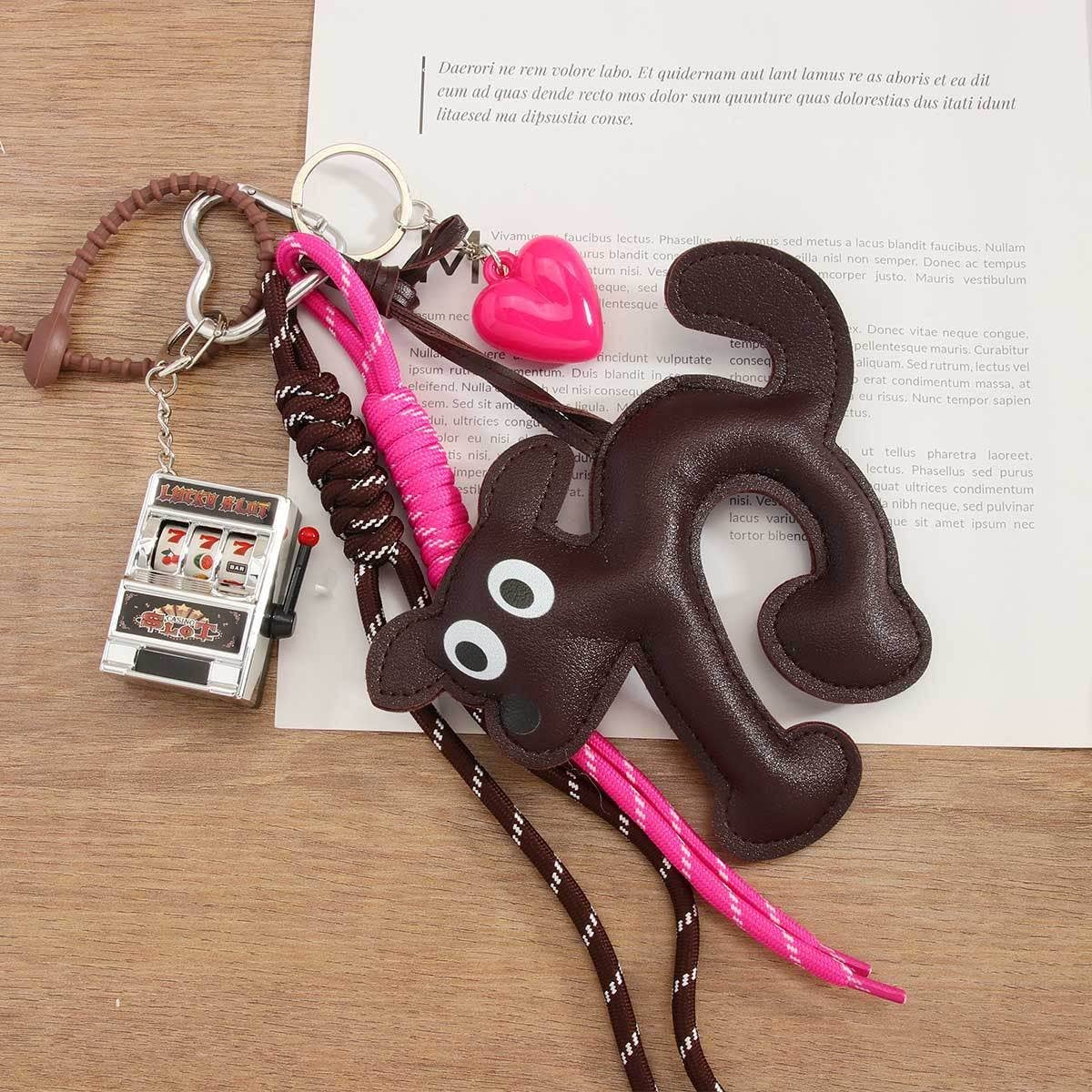 Retro PU Cat Keychain with Heart & Fruit Toy_CWMM7832