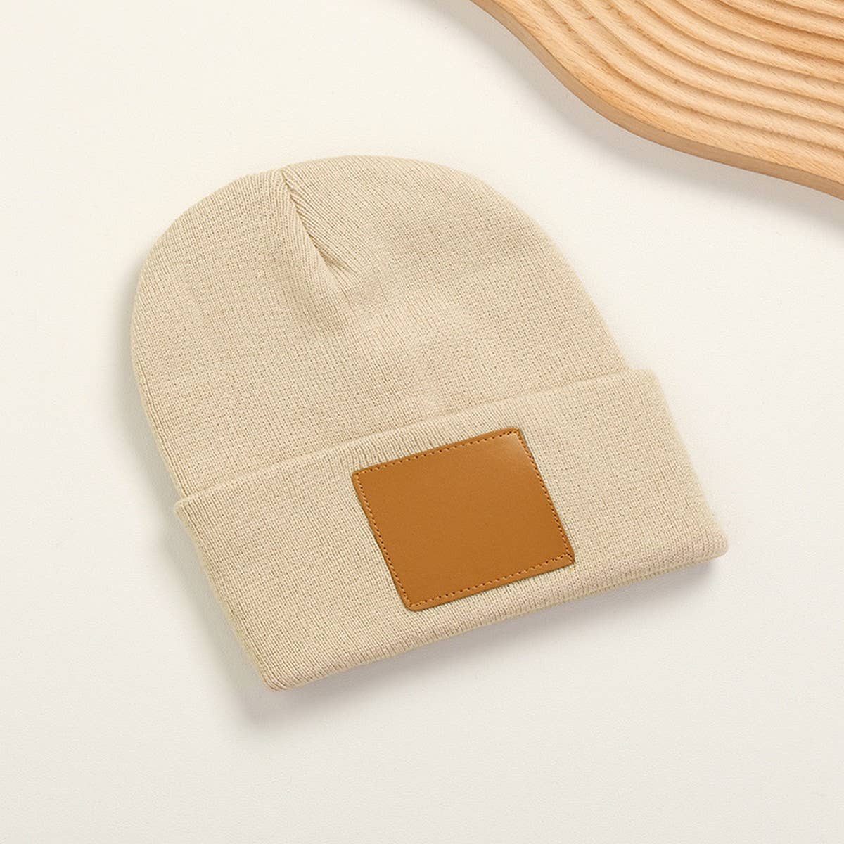 CWAH04345_ LEATHER PATCH KNIT BEANIE HAT UNISEX