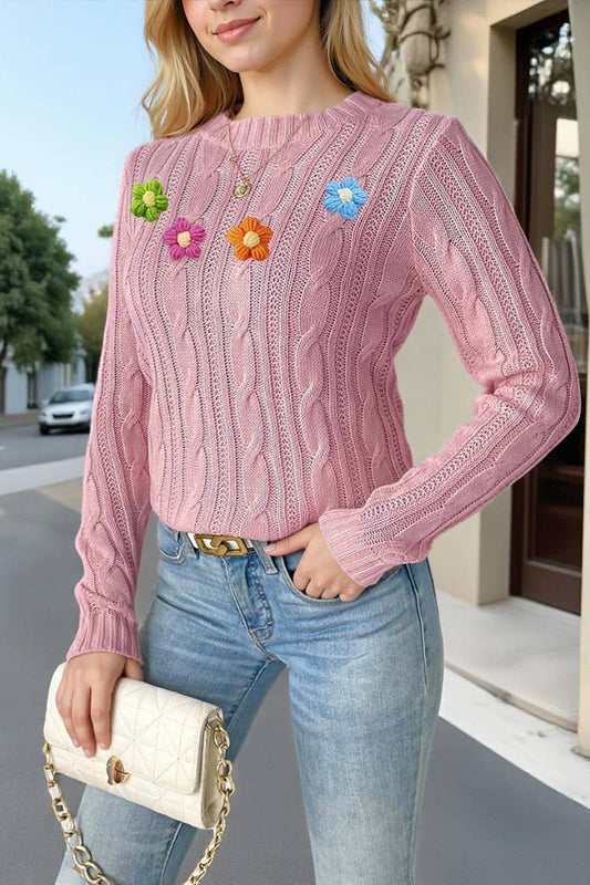 CWOSWL07409_WOMEN ROUND NECK KNIT SWEATER CROCHET PATCHWORK