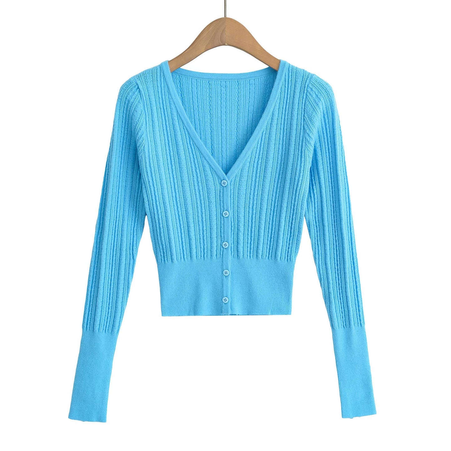 Solid-color V-neck long-sleeved knitted sweater