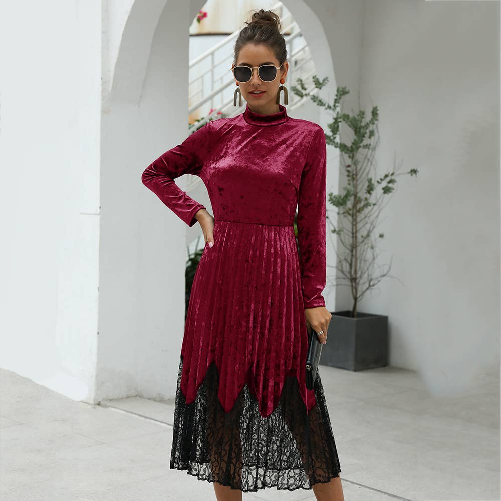 PLEATED LACE PATCHWORK CANARY LONG-SLEEVED DRESS