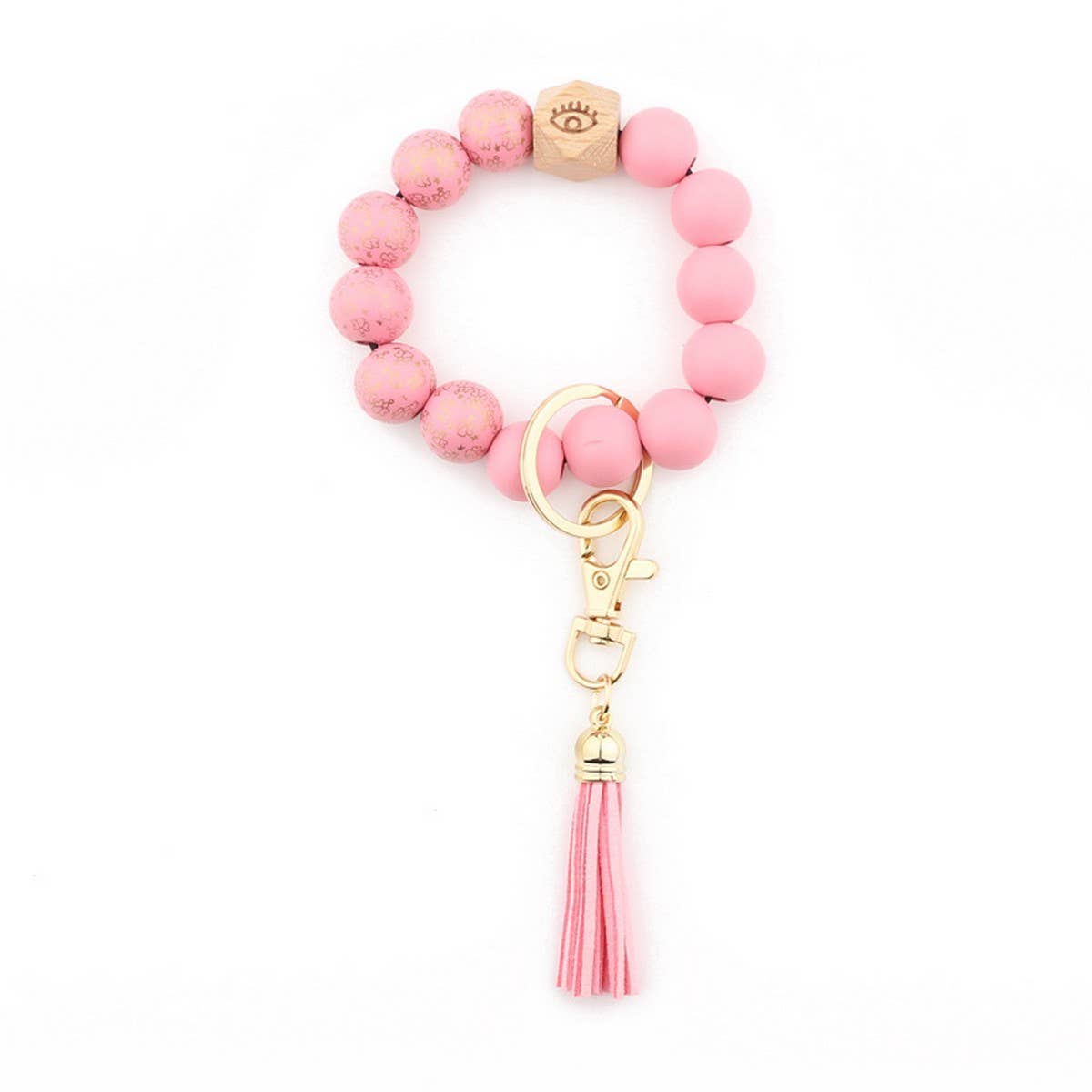 Printed Wood Bead Bracelet with PU Tassel Keychain_CWMM7015