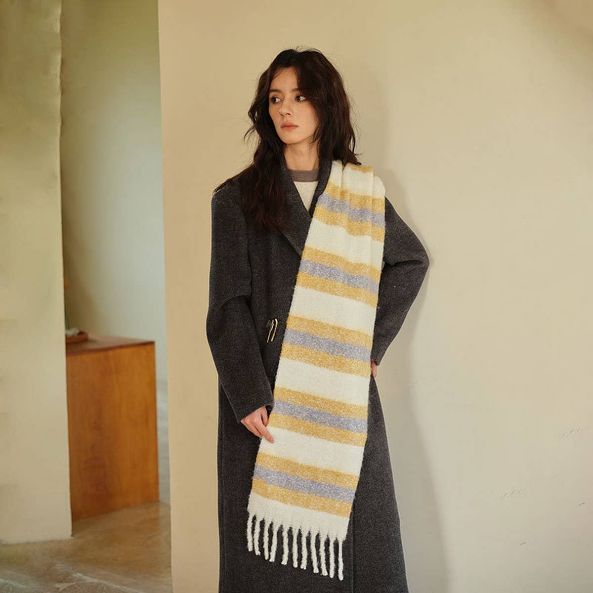 Wool Blend Stripe Scarf ??Soft Narrow Winter Wrap_CWASC2356
