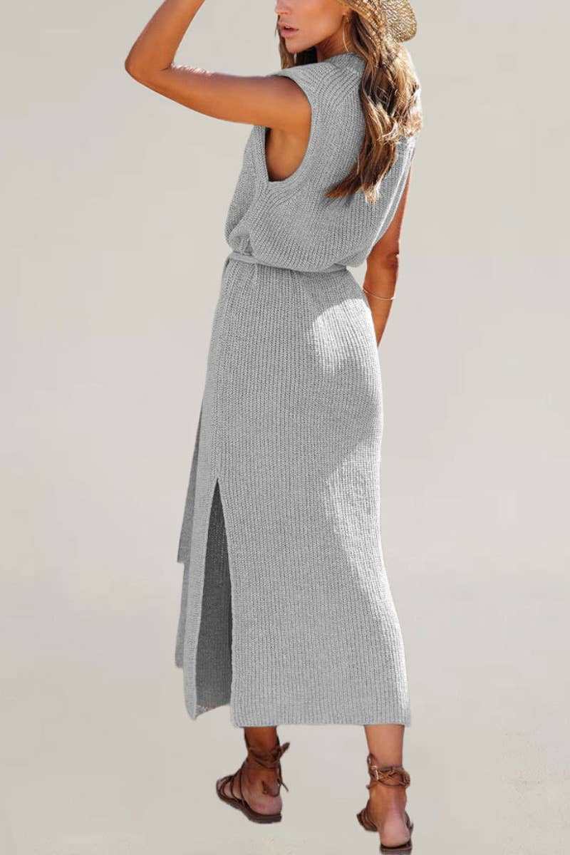 CWDMD2089_CREW NECK SLEEVELESS LACE-UP DRESS WITH SLIT