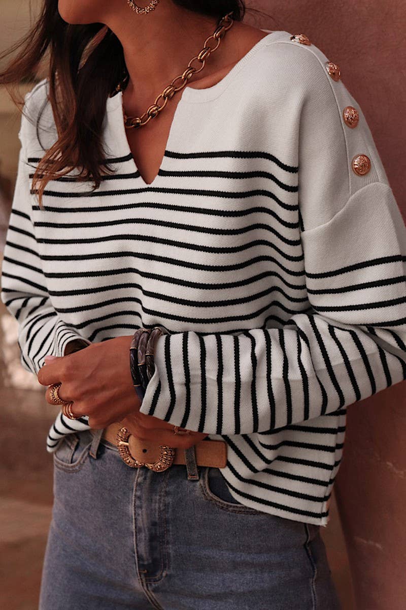 CWOSWL07451_STRIPE SHOULDER BUTTON CUTOUT KNIT SWEATER