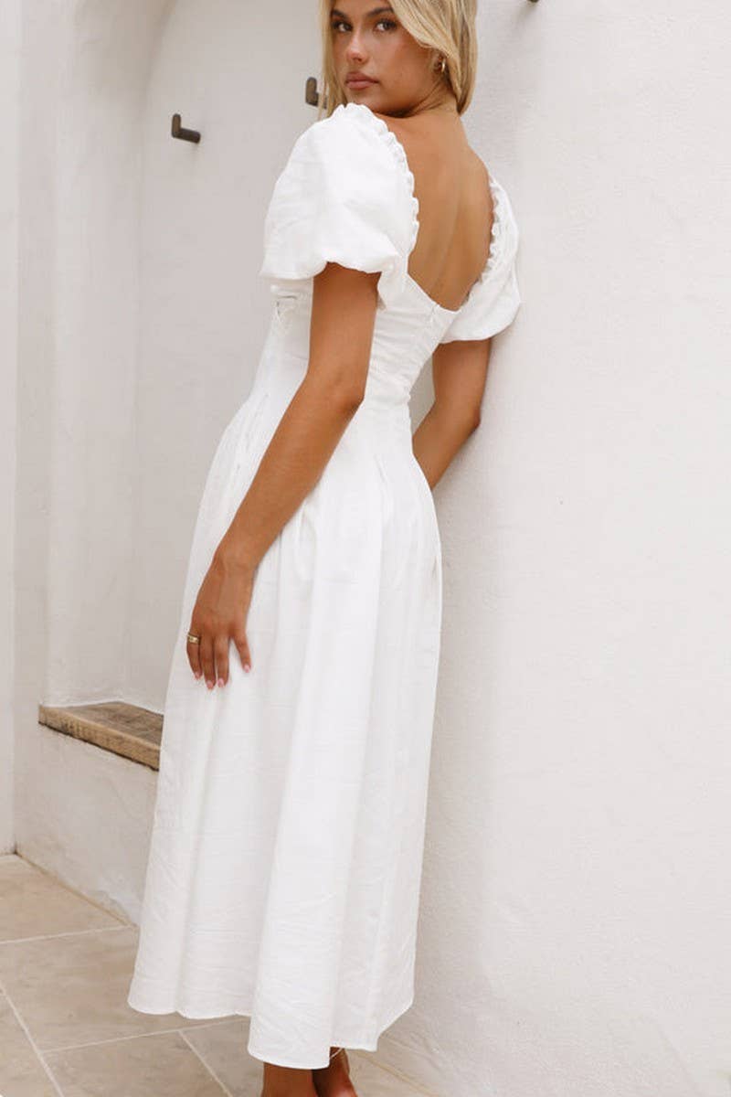 CWDMD5652_SOLID V-NECK LONG PUFF SLEEVE SLIM MAXI DRESS