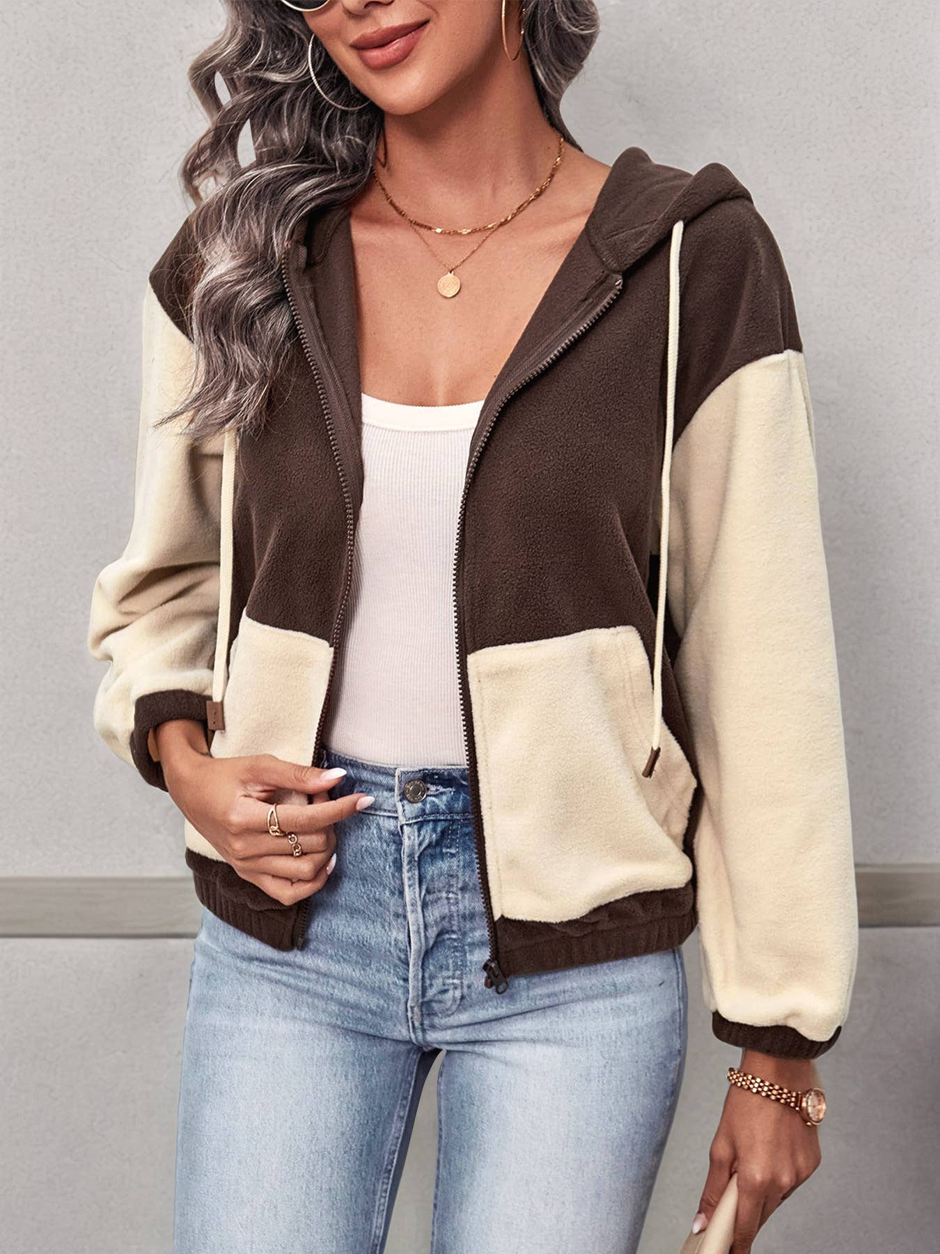 Hooded,color-blocked polar fleece zipper Jackets