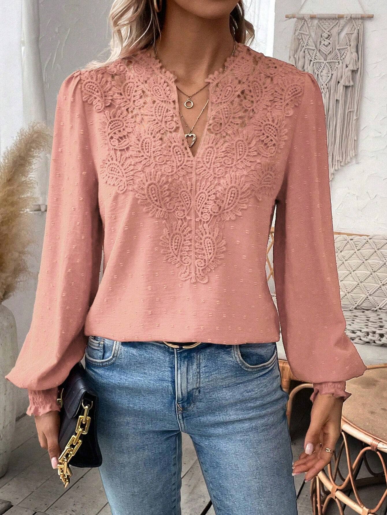 Fashion V-neck lace long sleeve casual T-shirt
