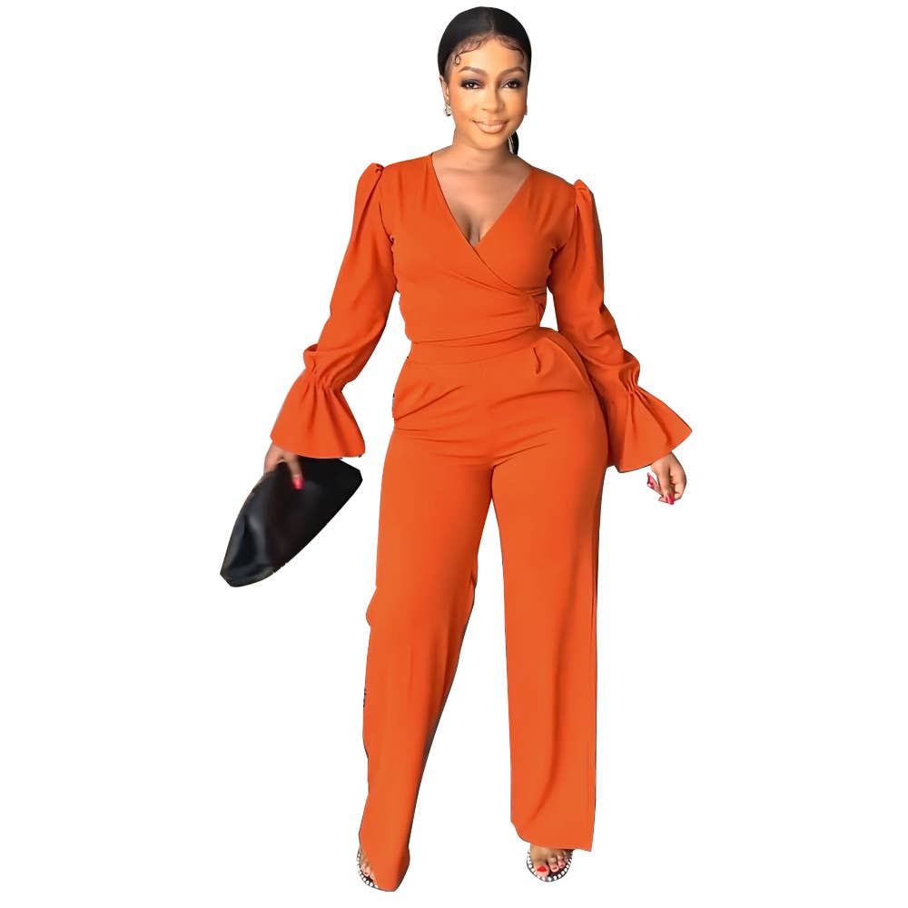 TWO-PIECE V-NECK FLARED SLEEVE TOP WIDE-LEG PANTS