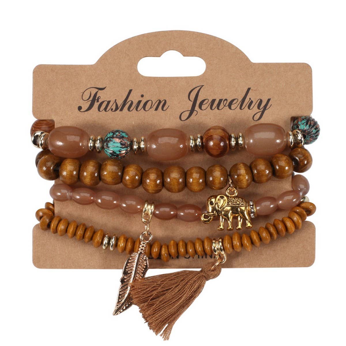CWAJE05686_BOHO ELEPHANT LEAF TASSEL WOODEN BEADED BRACELET