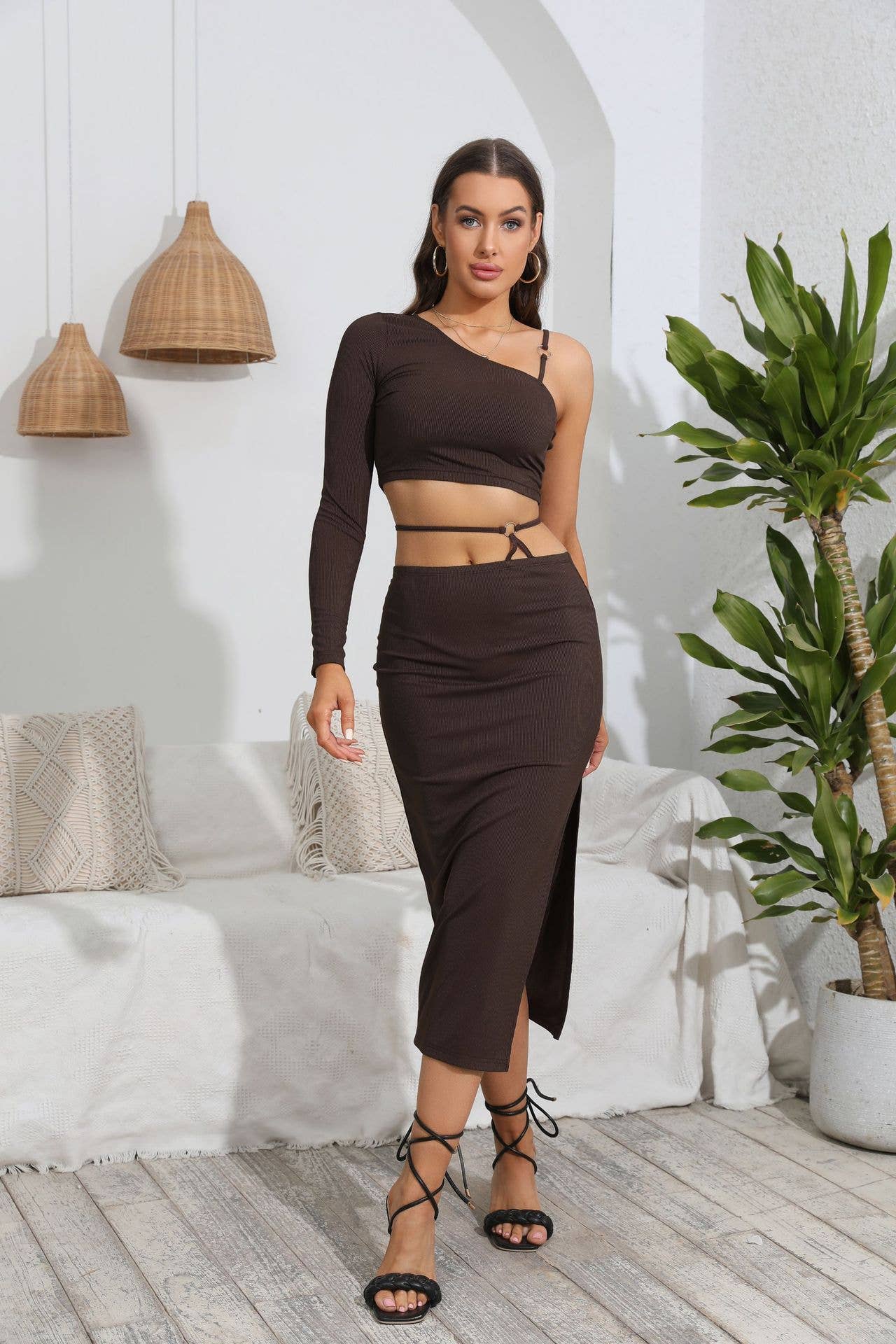 Slant shoulder top split strap skirt two-piece set
