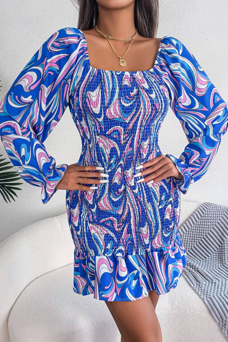 CWDMD4717_SEXY SQUARE NECK LONG SLEEVE RUFFLED HIP DRESS