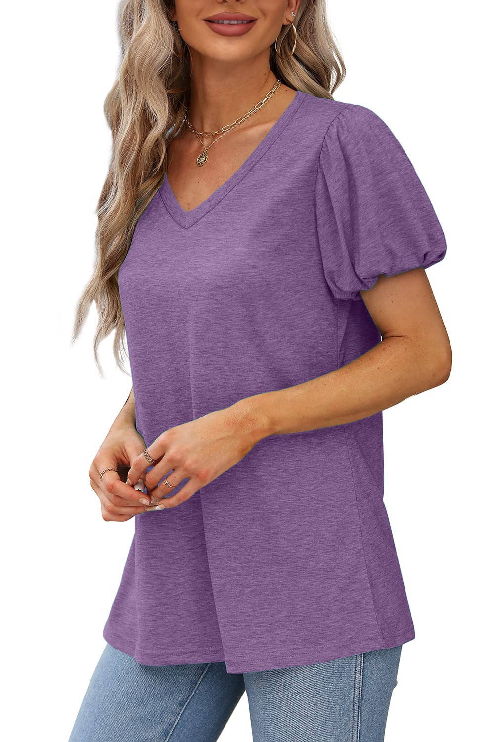 V-NECK LANTERN SLEEVE SOLID SHORT-SLEEVED TOP