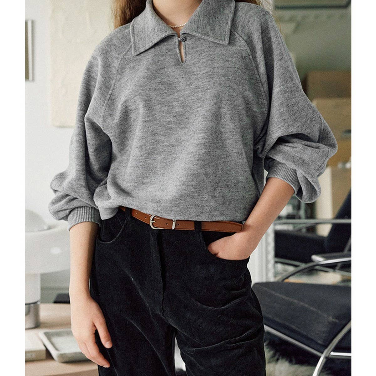 Lapel single button stitching thread hoodie