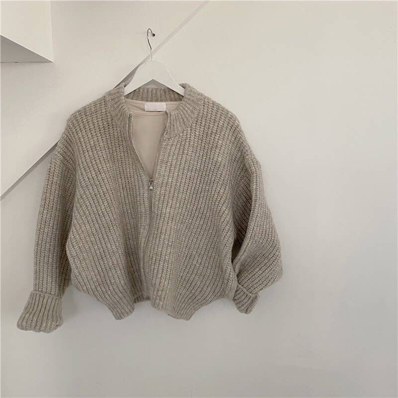 Solid-color zipper thick knitted cardigan