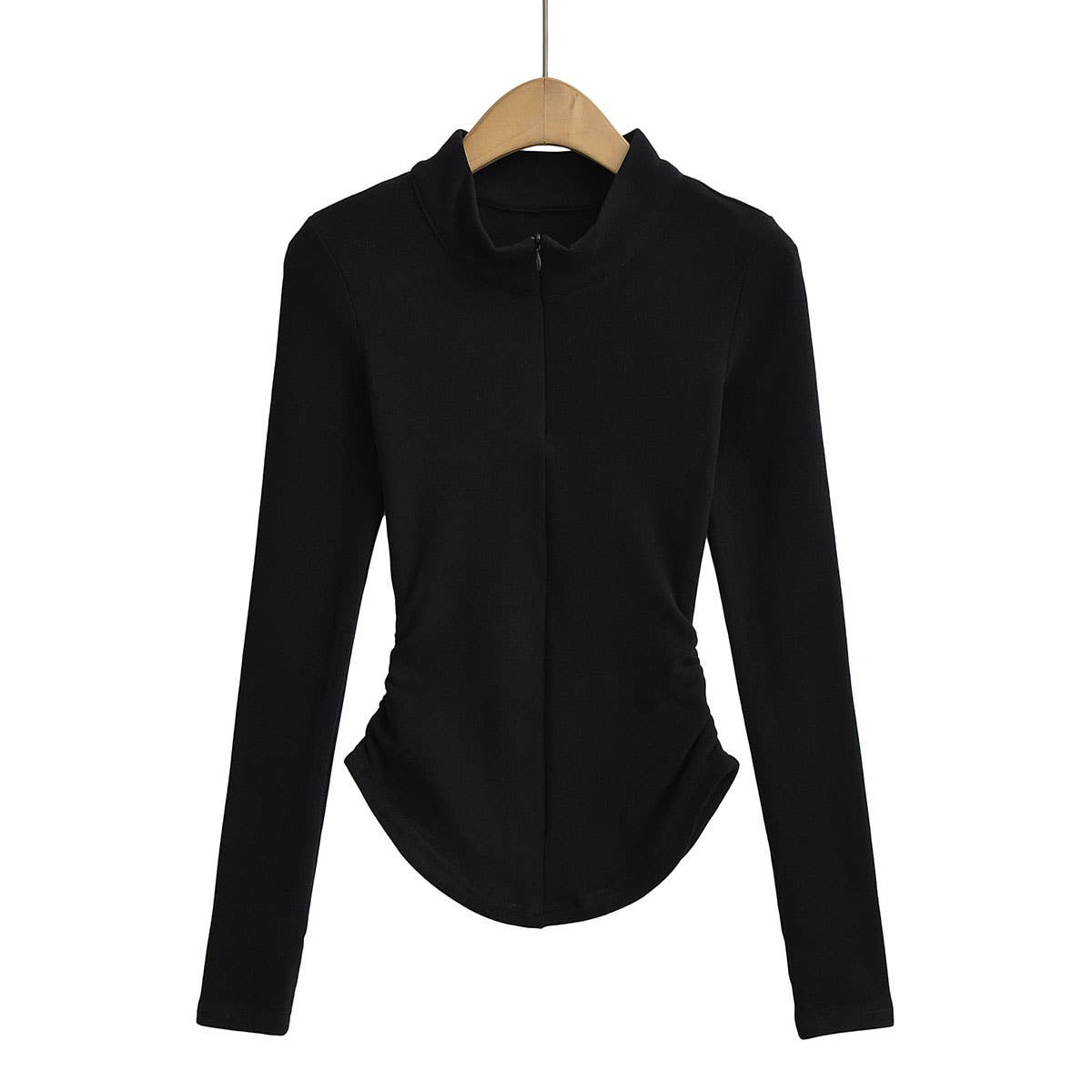 VELVET STAND COLLAR ZIPPER SOLID COLOR BASE SHIRT