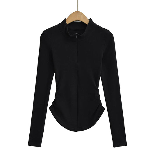 VELVET STAND COLLAR ZIPPER SOLID COLOR BASE SHIRT