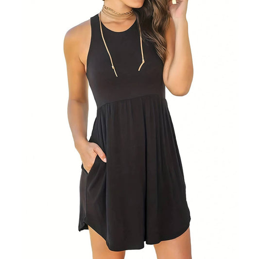 Round neck sleeveless vest pocket loose dress