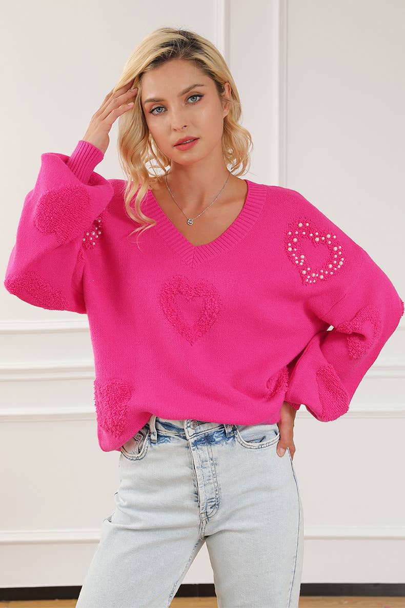 V-neck three-dimensional pearl pullover sweater