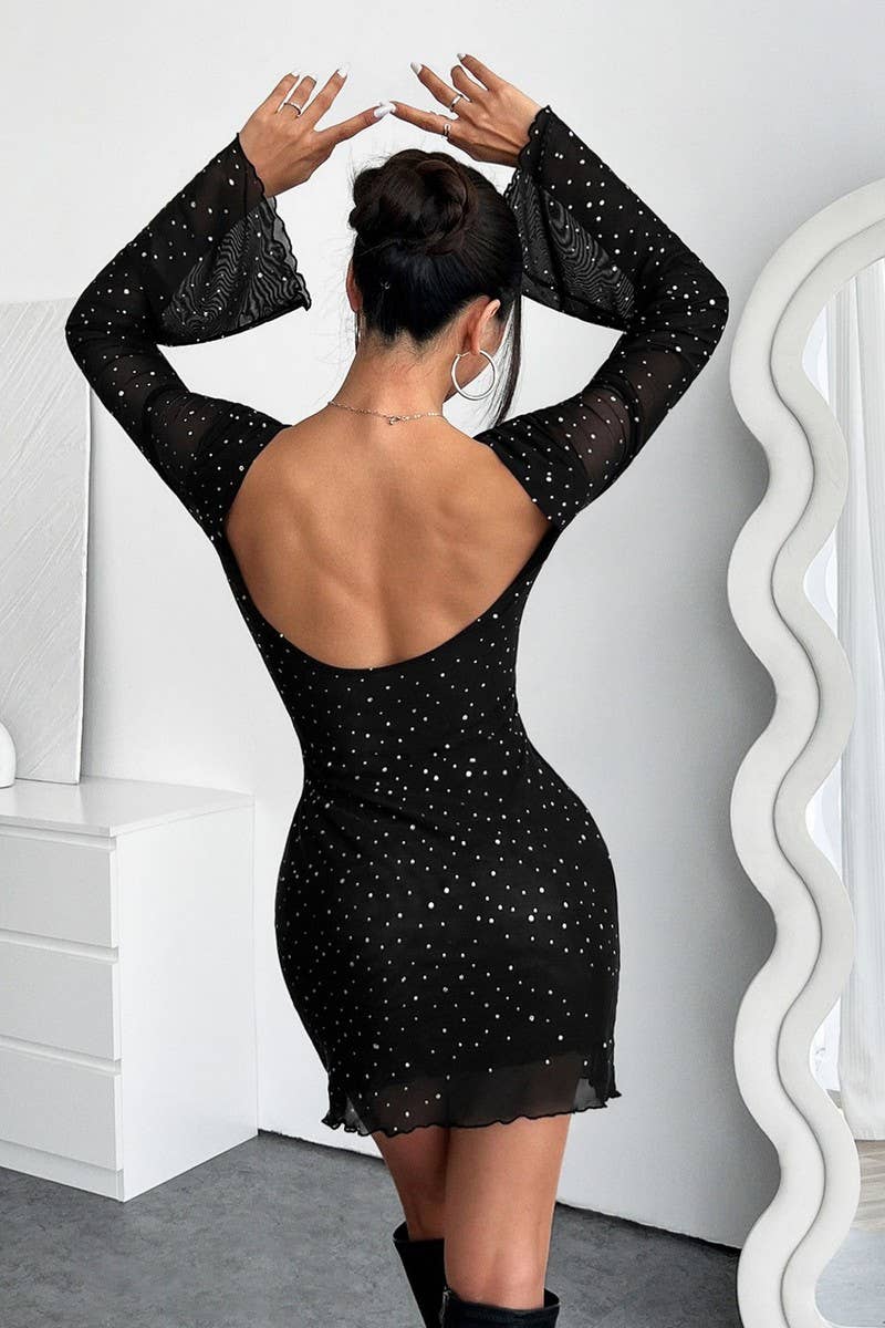 CWDSD6859_MESH SEQUINED BACKLESS LONG-SLEEVED DRESS