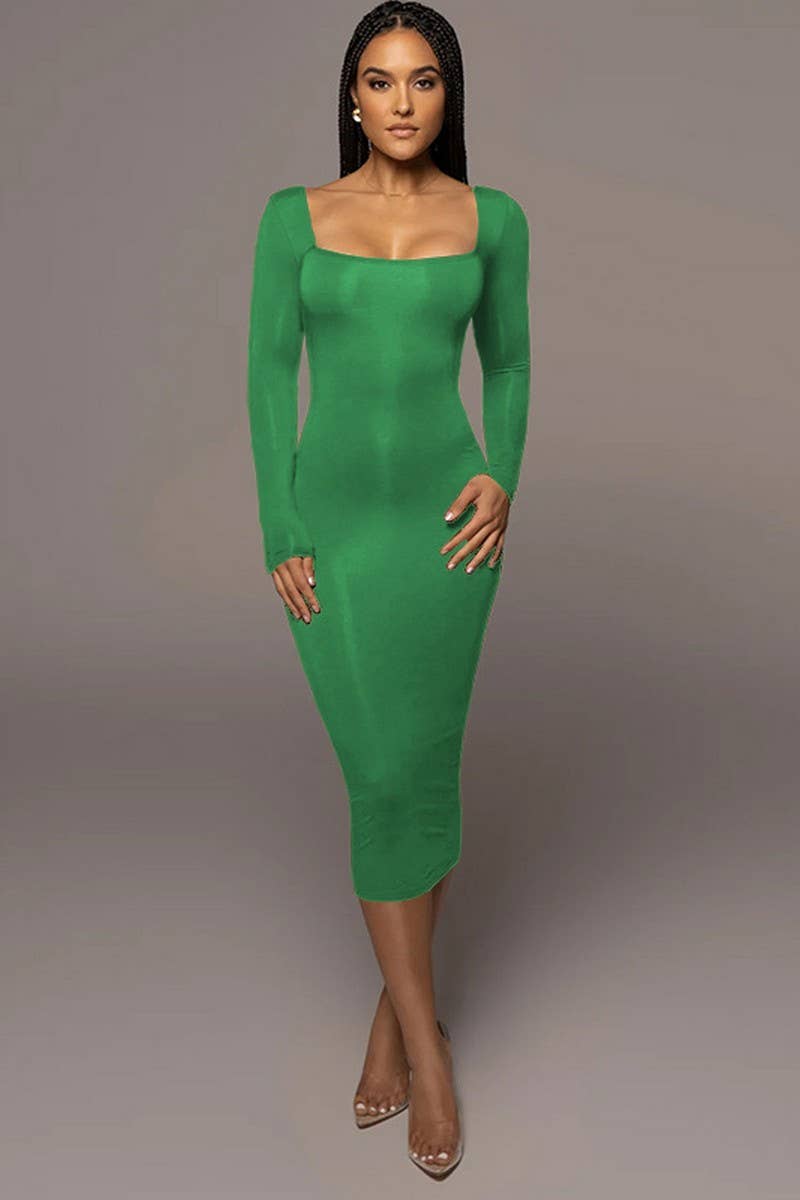 CWDMD4902_SOLID COLOR SLIM SQUARE NECK LONG SLEEVE DRESS