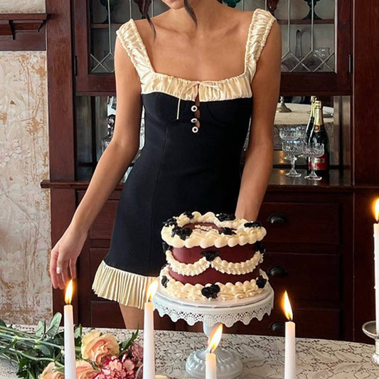 Trendy ruffle trim colorblock bodycon dress