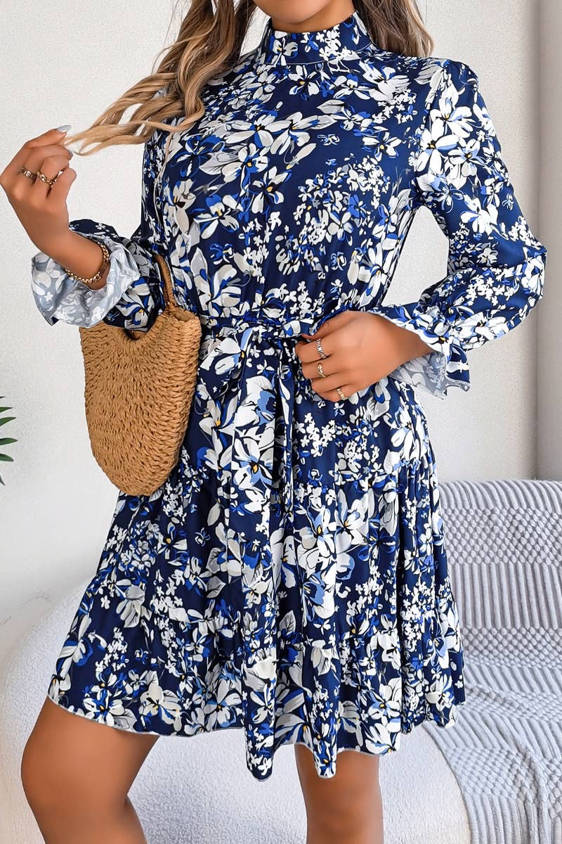 CWDSD6422_FLORAL TURTLENECK LONG SLEEVE PEPLUM DRESS SHORT