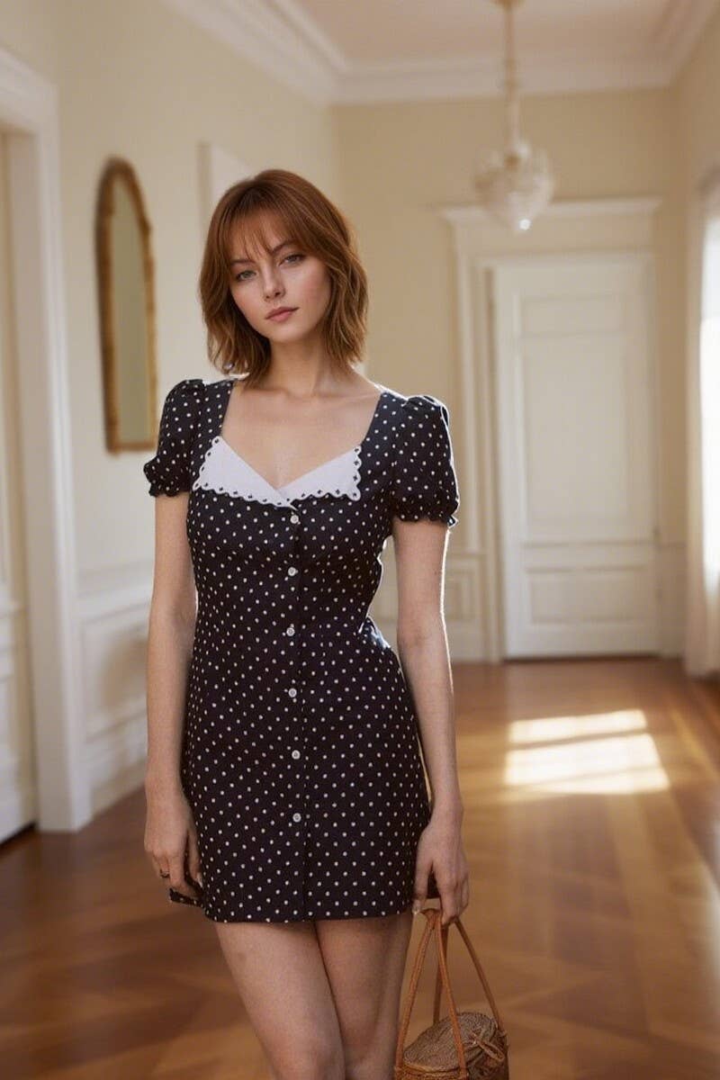 CWDSD8845_POLKA DOT V-NECK A-LINE MINI DRESS