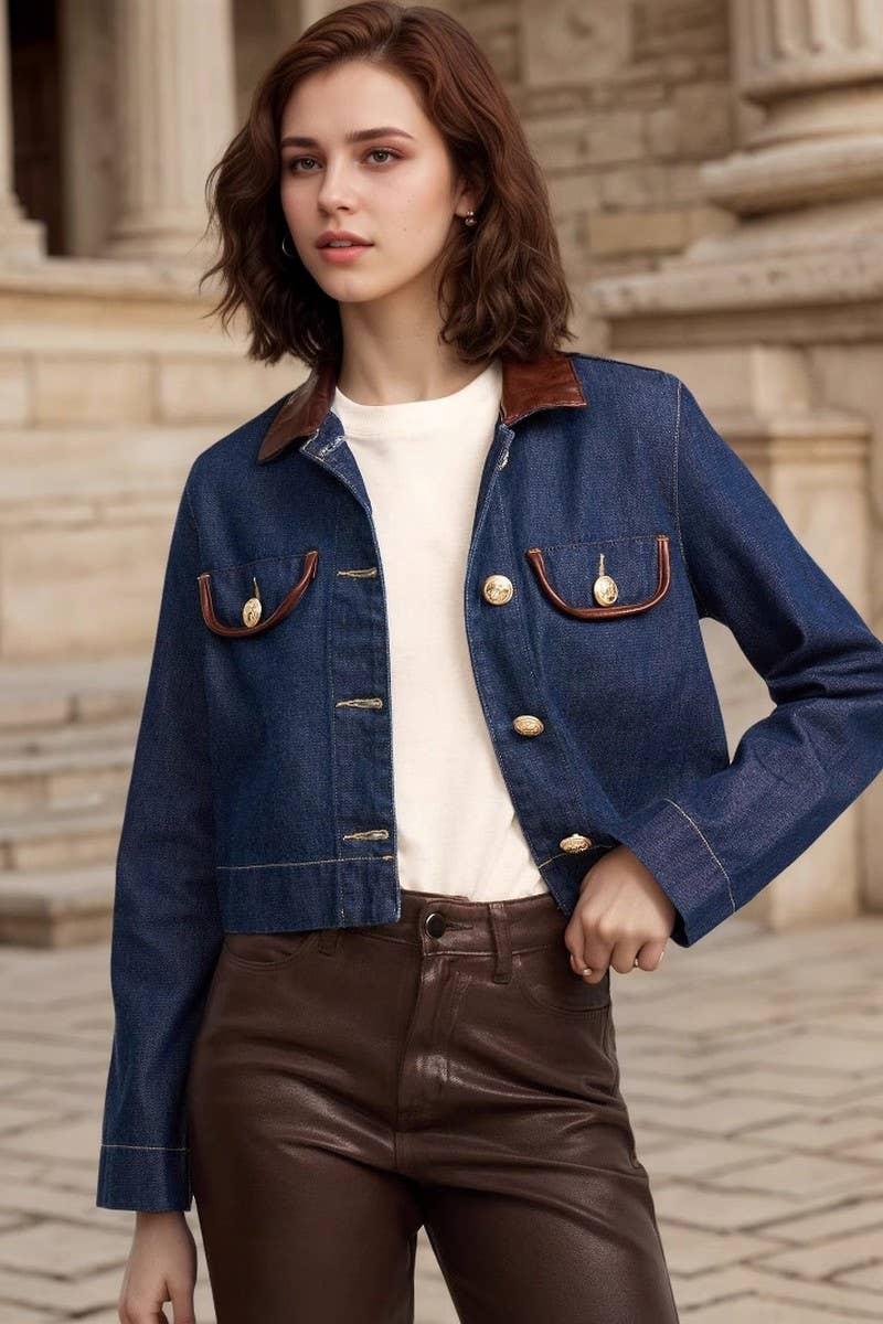 CWOCAL2322_FAUX DENIM JACKET WITH REFINED LEATHER COLLAR