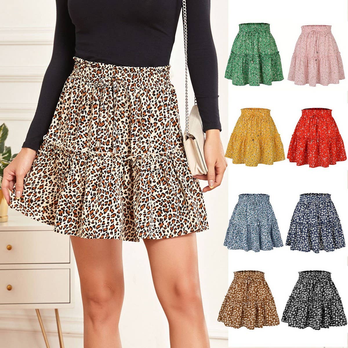 HIGH WAIST PRINTED SKIRT FLORAL SHORT SKIRT_CWAB4795