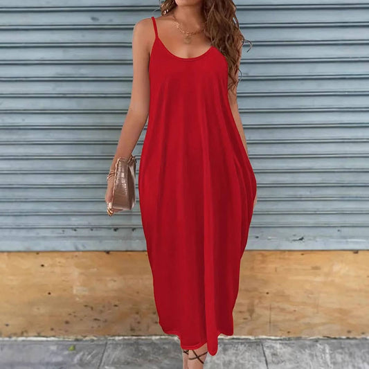 A loose long dress with solid color halter straps