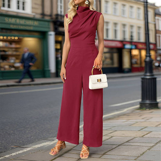 SOLID COLOR SWING NECK JUMPSUIT WITH SLEEVES