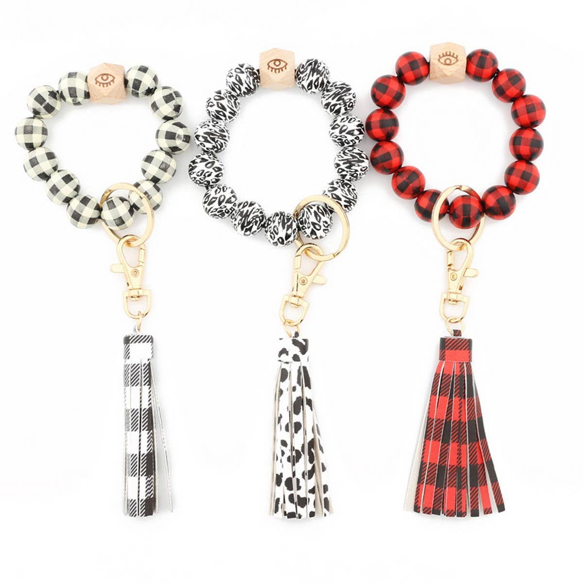 Leopard & Plaid Bead Bracelet Keychain Tassel