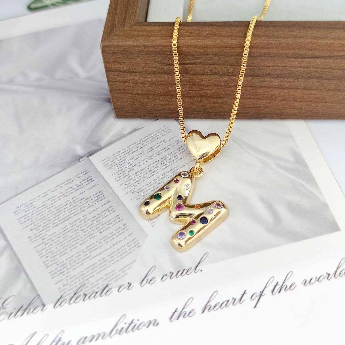 Colorful Zirconia Heart Letter Pendant Necklace