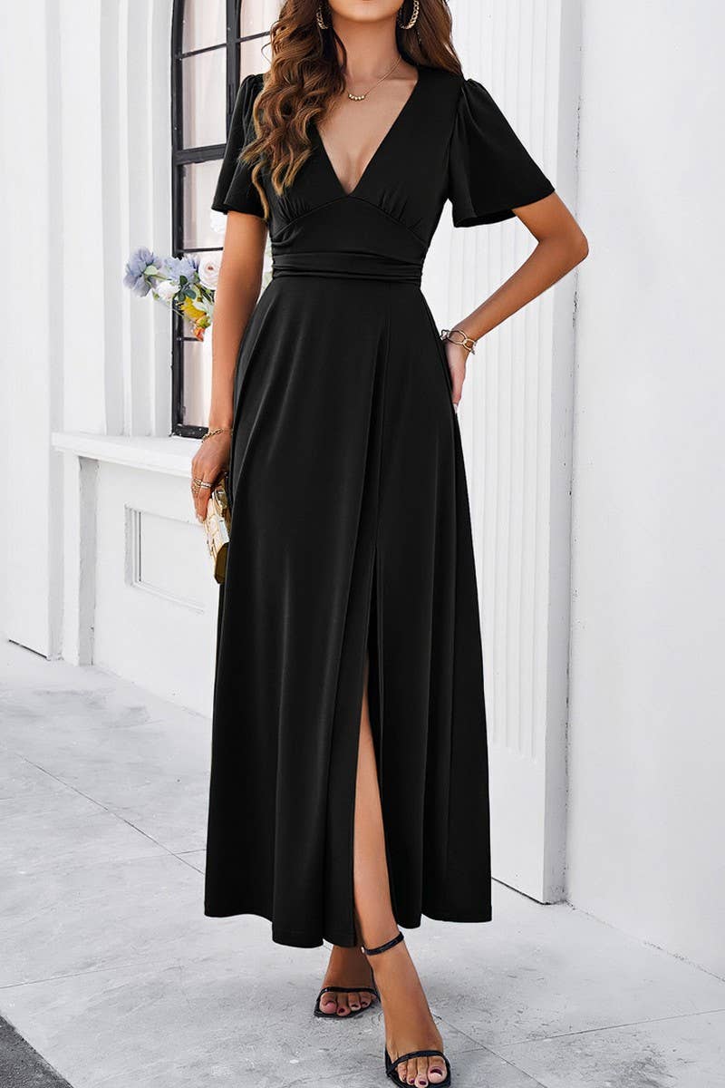 CWDMD1333_V-Neck Short Ruffle Sleeve Maxi Dress