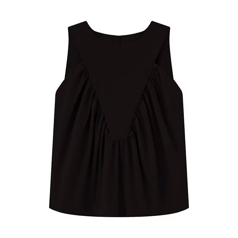 Versatile solid-color pleated sleeveless vest