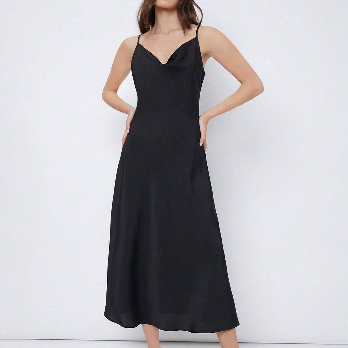Party swing neck slip dress in lustrous satin