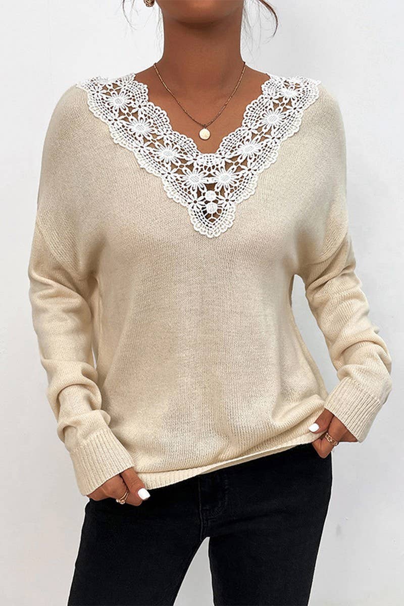 V-neck lace lace solid color pullover sweater