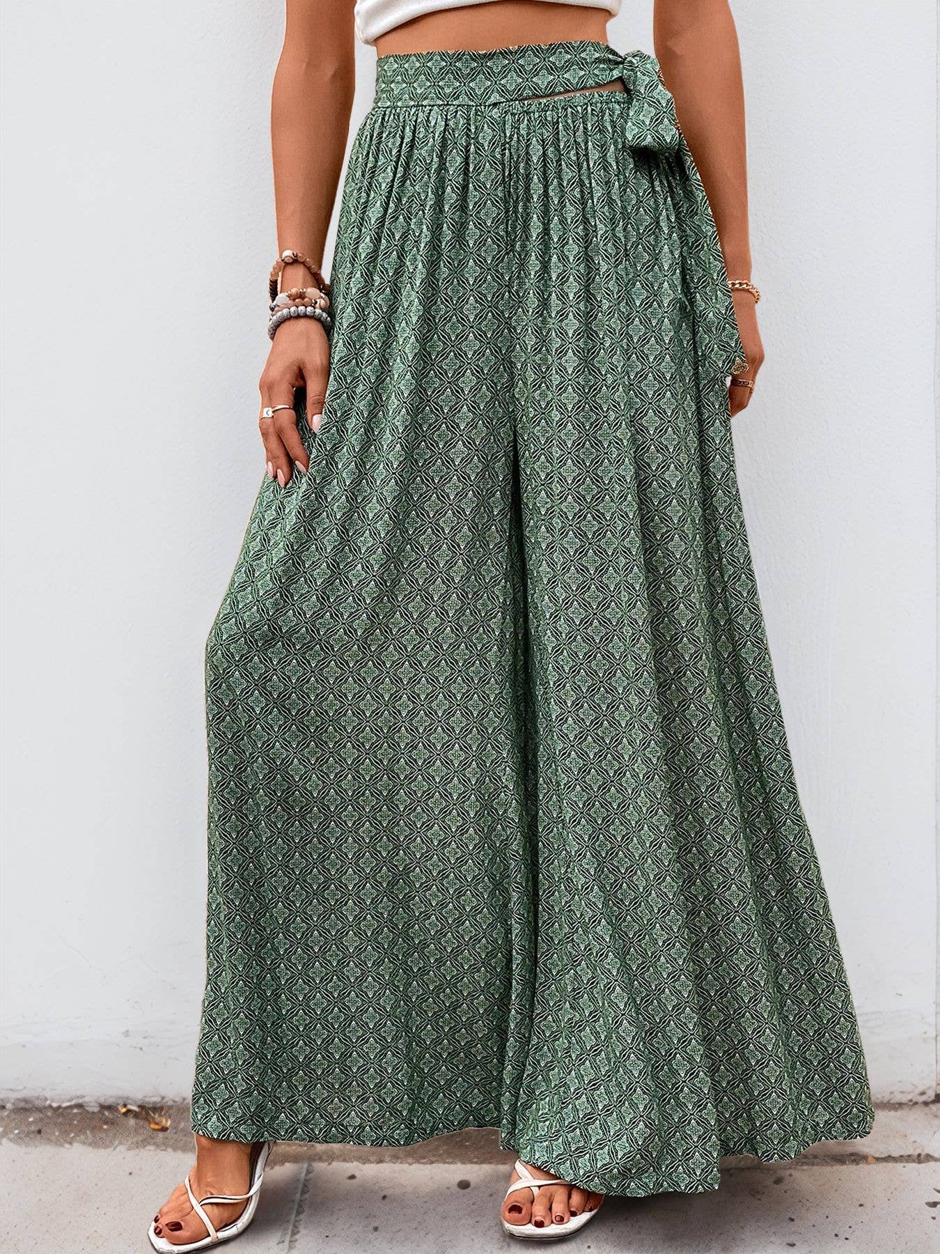 Casual lace-up geometric print flared pants