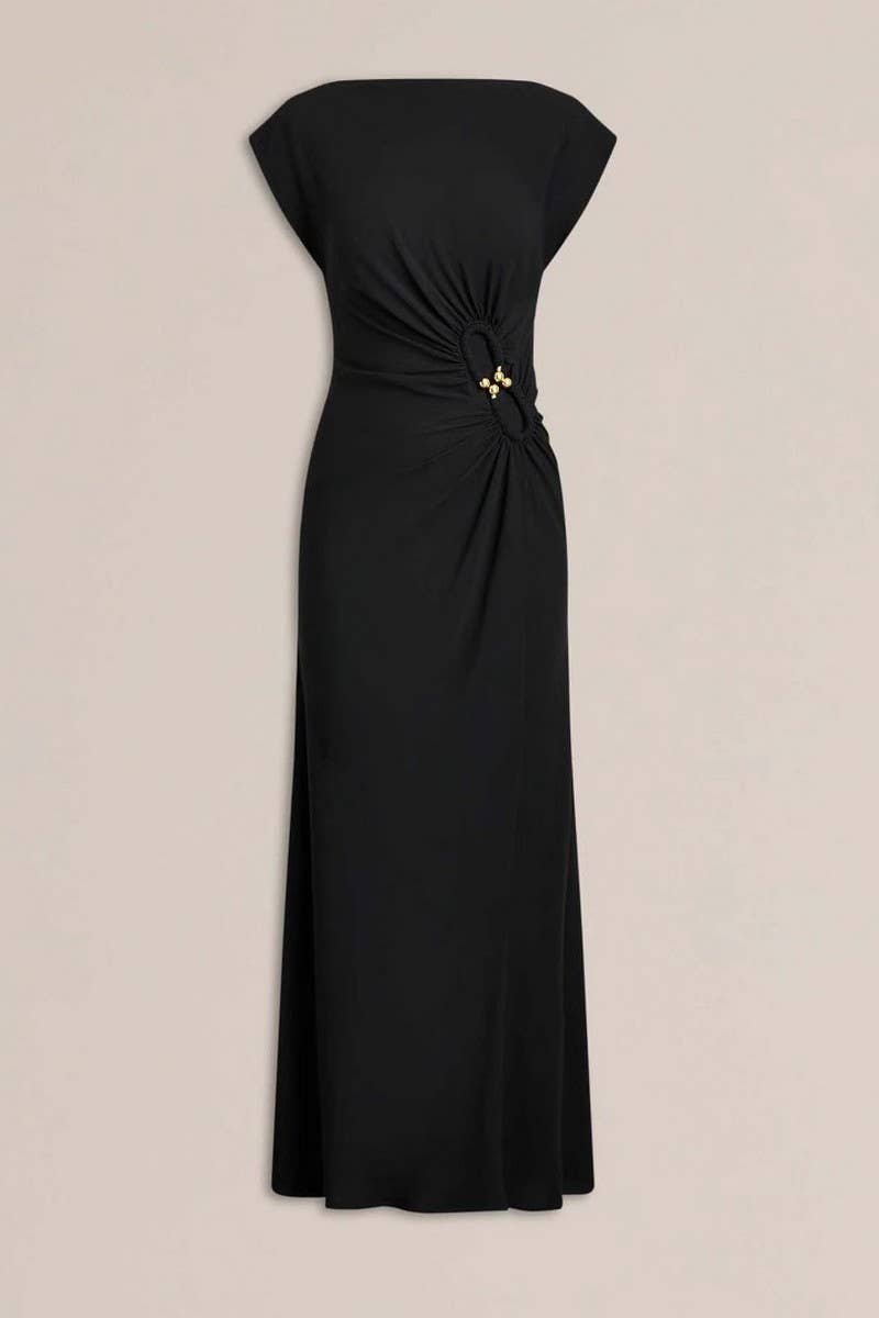 CWDMD6323_SIMPLE PLEATED BUTTON-EMBELLISHED BUTTON DRESS