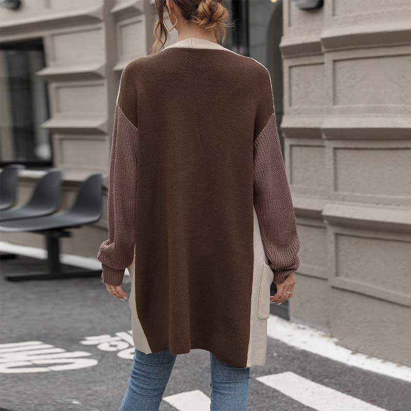LONG SLEEVE COLOR MATCHING SWEATER CARDIGAN COAT