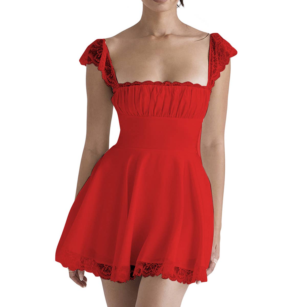 Lace-trimmed square-neck fitted halter dress