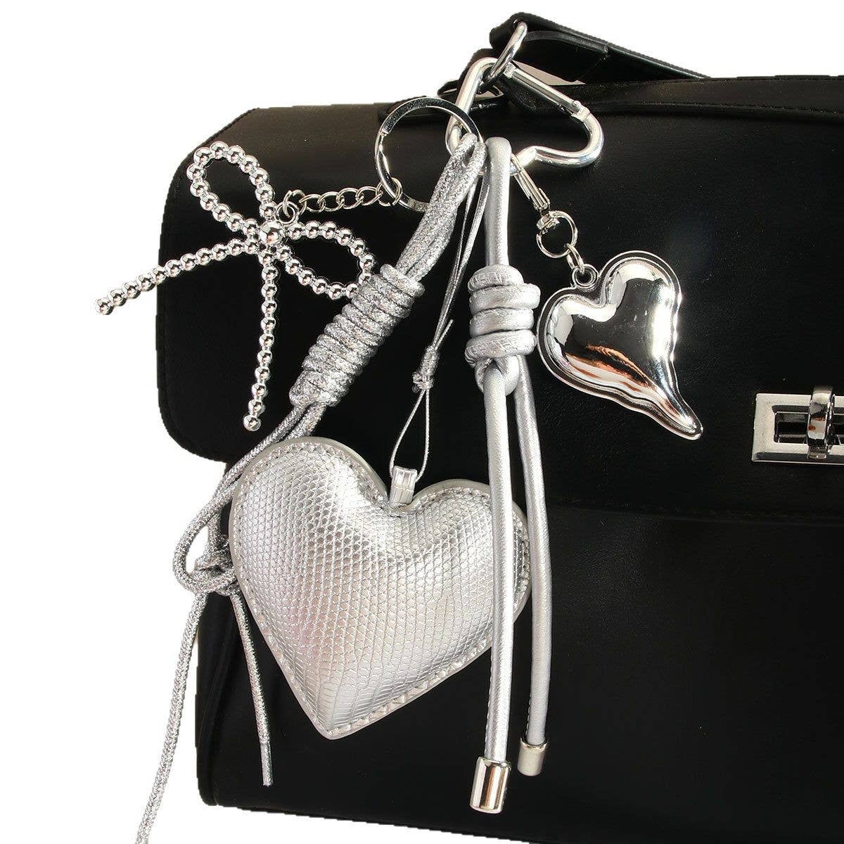 Elegant Silver Heart & Bow Bag Keychain