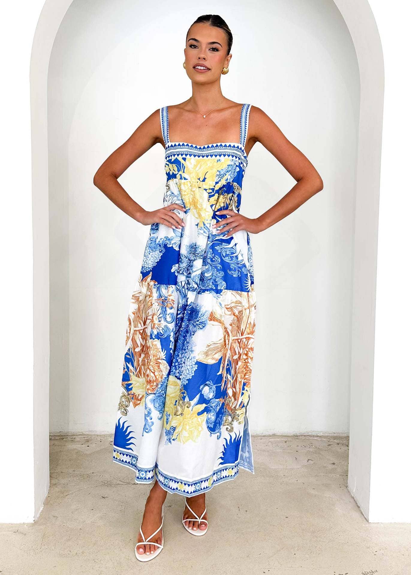Vacation style long printed halter dress