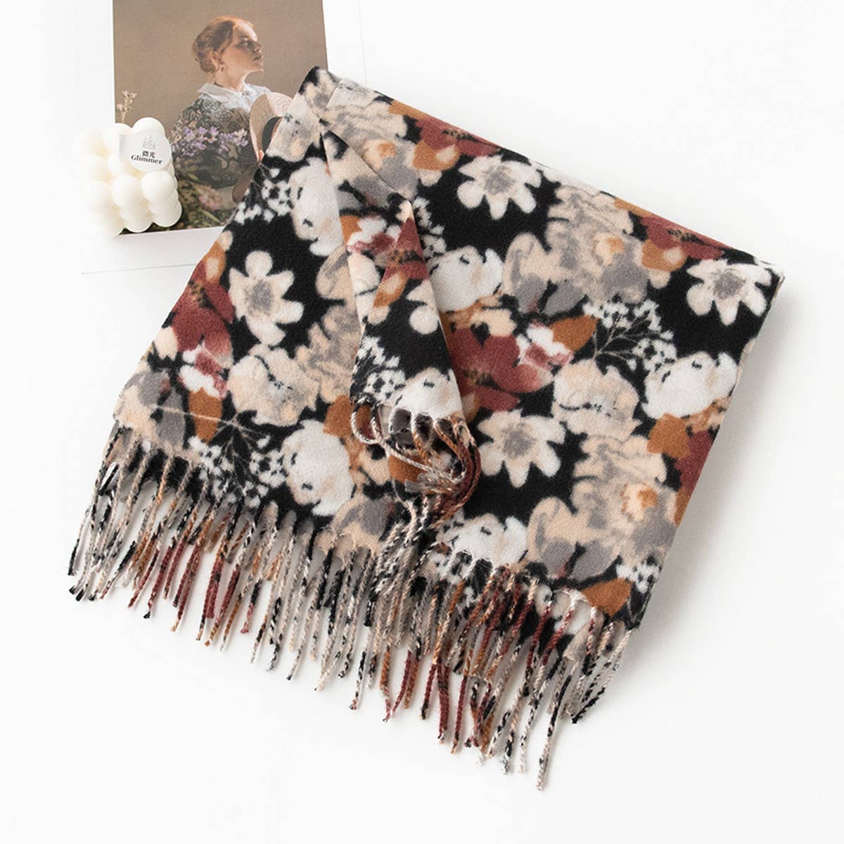 Floral Faux Cashmere Scarf??Soft Warm Tassel Shawl