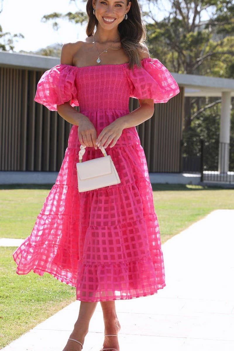 CWDMD5648_OFF SHOULDER LANTERN SLEEVE TIERED RUFFLE DRESS